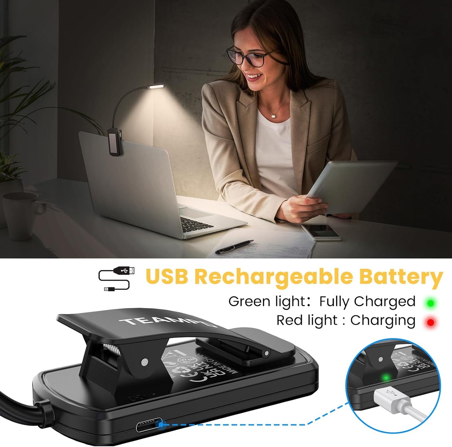 TEAMPD Reading Light 9 LED 3 Color Rechargeable Book Light 12+Hrs Runtime Eye-Caring Clip On Portable Lightweight Book Lamp