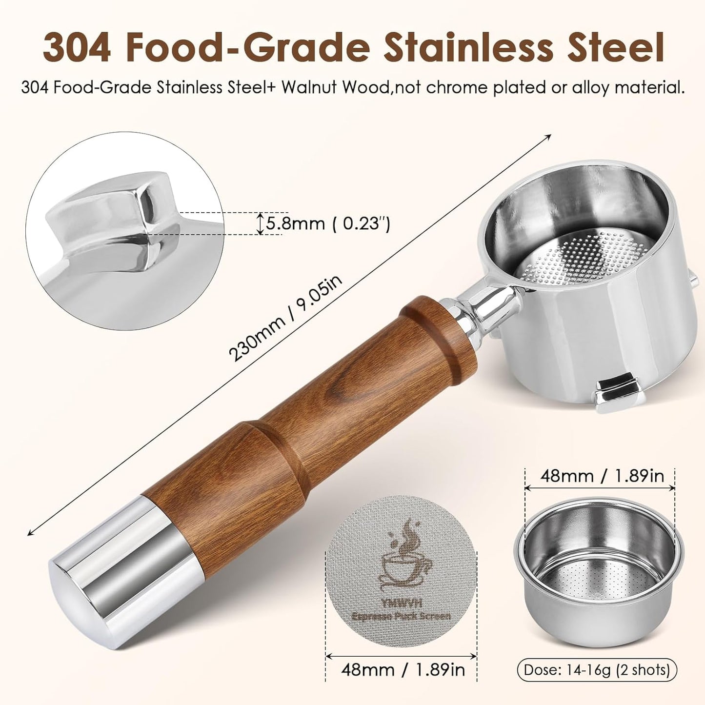 YMWVH 51mm Bottomless Portafilter with Walnut Handle for DeLonghi