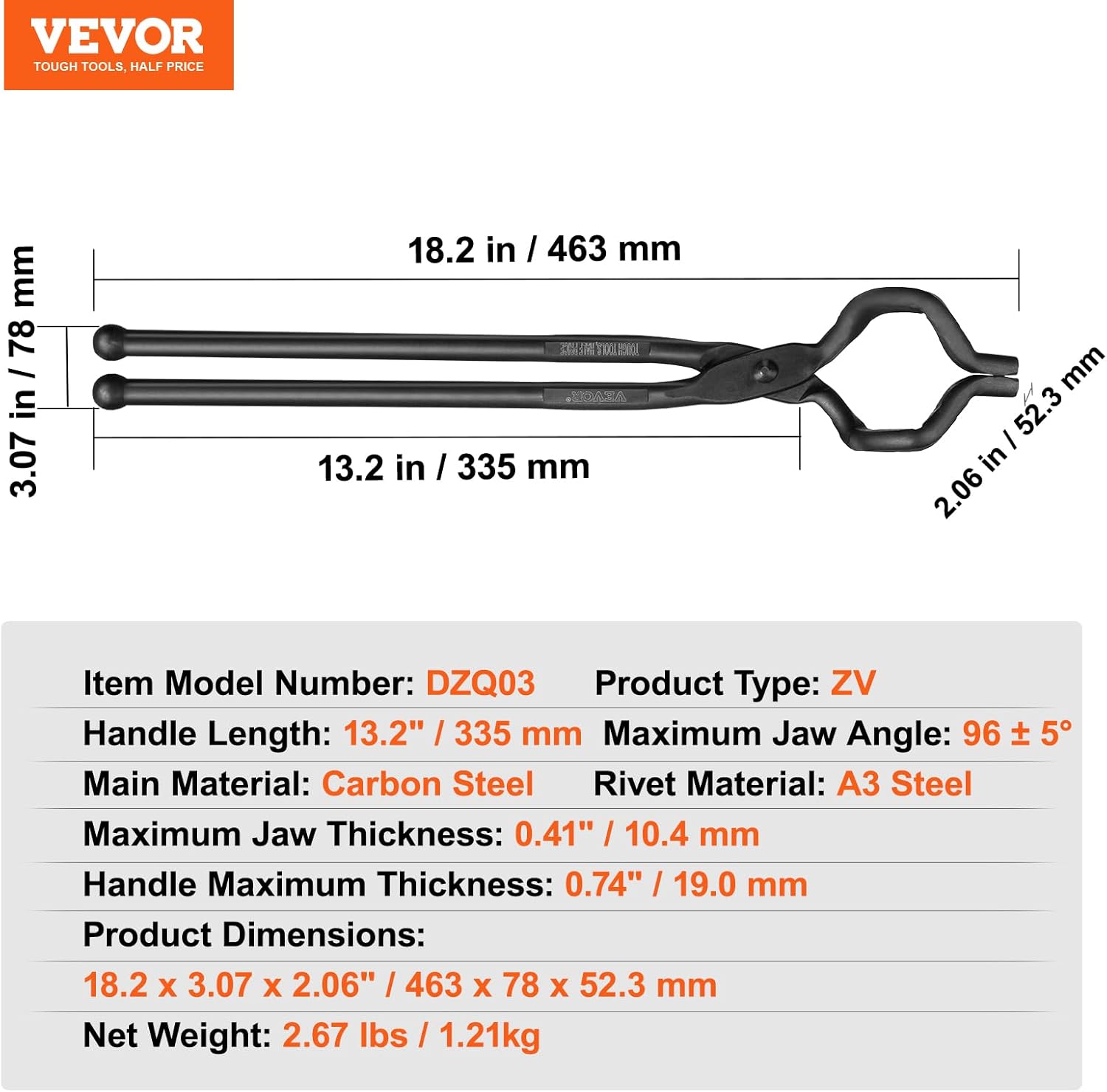 VEVOR 18" Z‑V Bit Carbon Steel Blacksmith Tongs for Blades