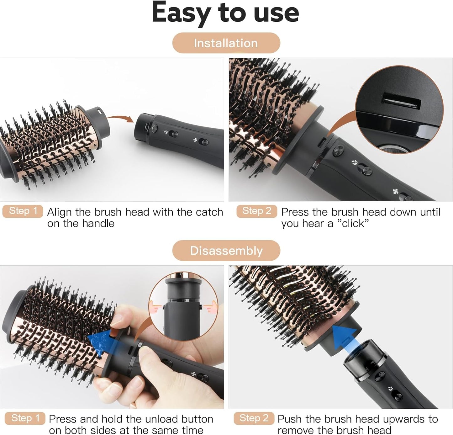WeChip 2-in-1 Hot Air Brush – Detachable Hair Dryer, Ceramic Negative Ion, 3 Temp Settings