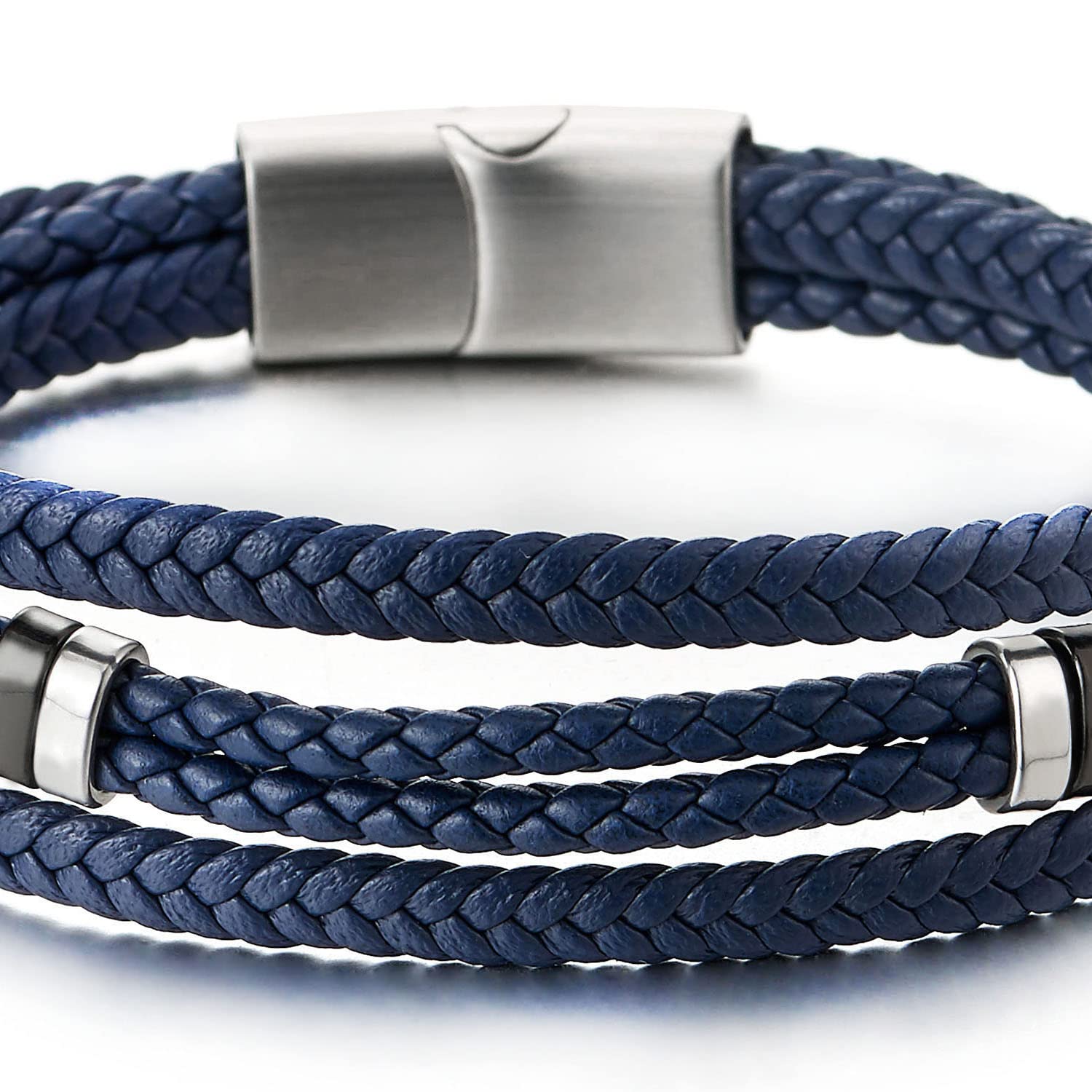 Navy Blue Braided Leather Bracelet with Magnetic Stainless Steel Clasp
