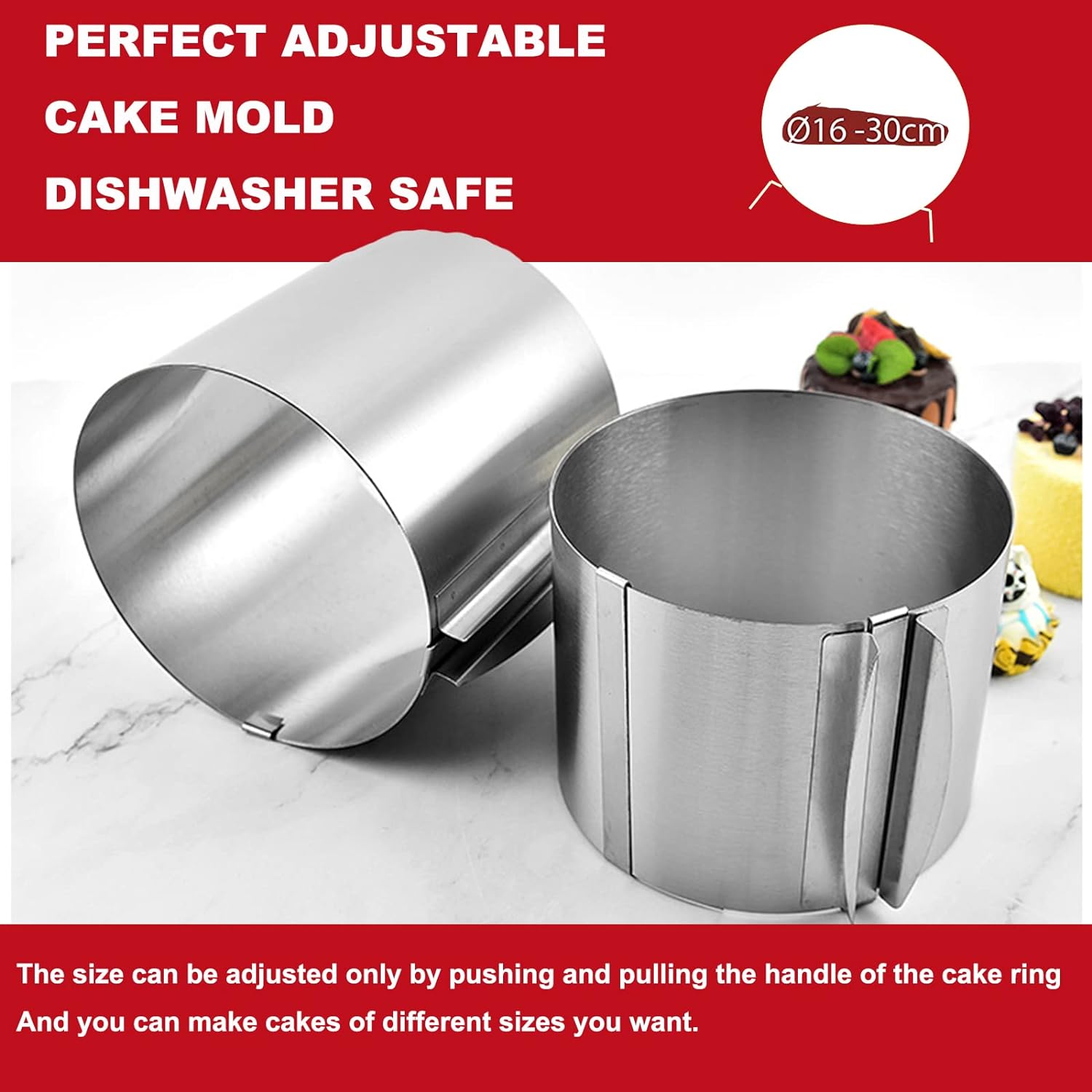 Iwinna Adjustable Extra-High Stainless Steel Cake Ring 15-30cm