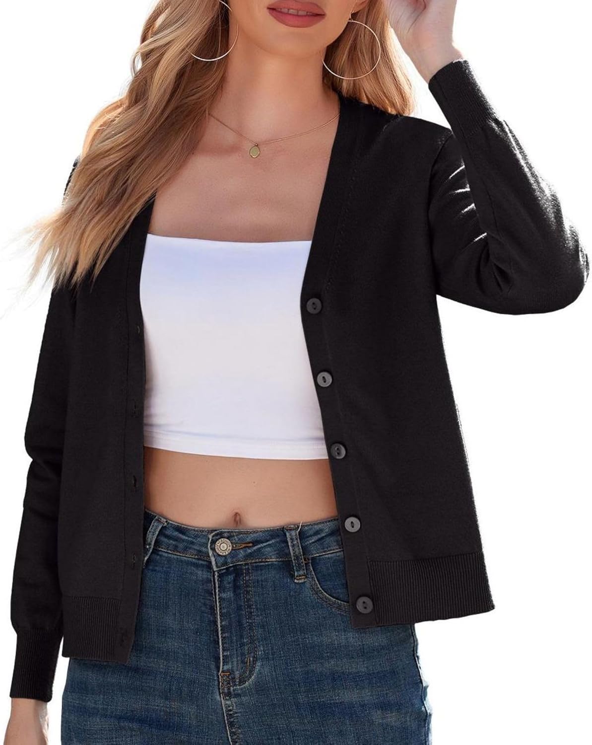 GRECERELLE Women's Lightweight Black Knitted V‑Neck Long Sleeve Button‑Down Cardigan