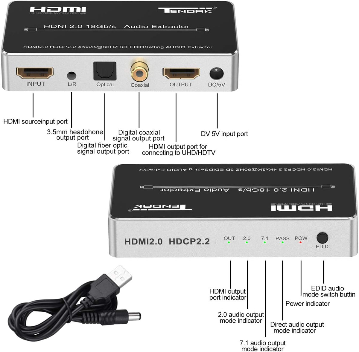 Tendak 4K 60Hz HDMI 2.0 Audio Extractor Splitter