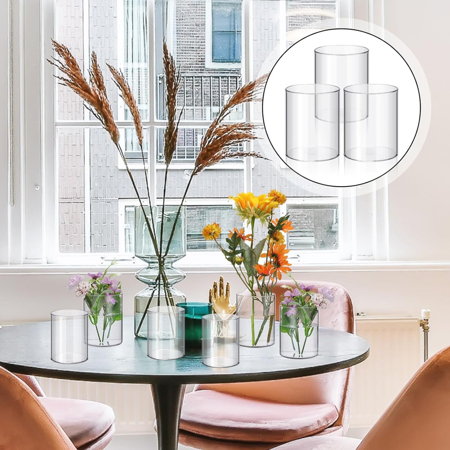 Vesici 20 Pcs Plastic Cylinder Vase Acrylic Cylinder Vase Bulk Small Clear Flower Container Hurricane Candle Holder Round Wide Container Centerpiece for Home Office Wedding Decorations (4 Inch)