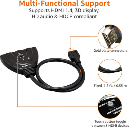 Amazon Basics 3 Port HDMI Switch with Pigtail Cable Black