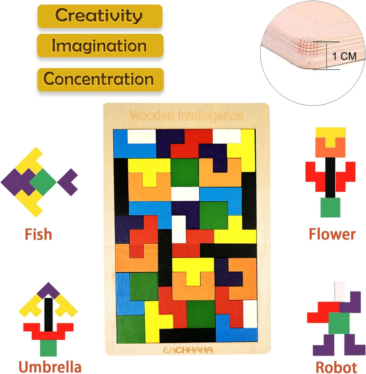 3-in-1 Wooden Tangram Puzzle Set, Bright Colors, 61 Pieces