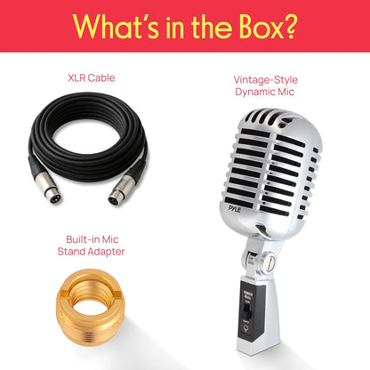 Pyle Classic Retro Dynamic Vocal Microphone - Vintage Silver Cardioid Mic with XLR Cable