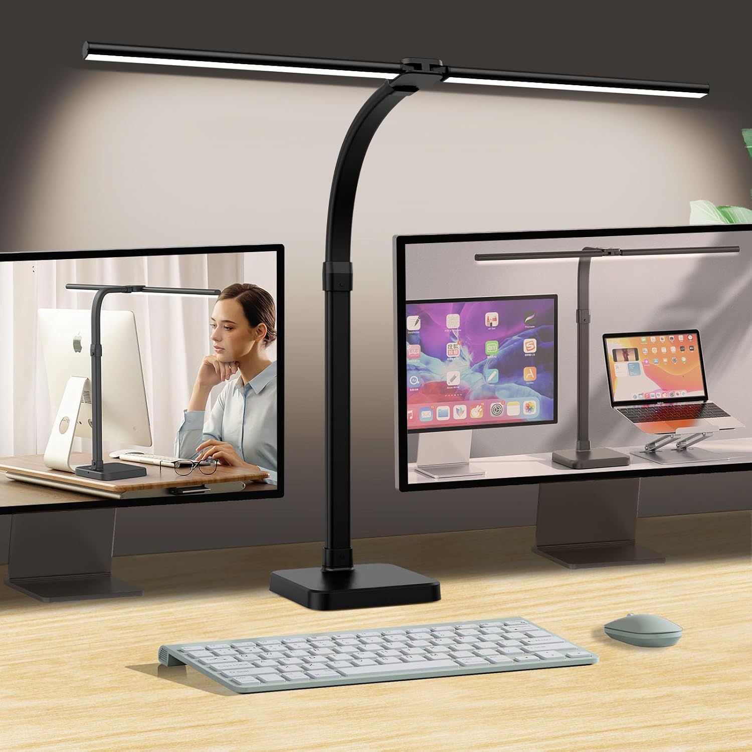 AKRRYR Double-Head LED Desk Lamp with USB & Wireless Charger