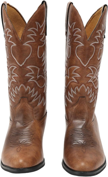 Men's Wide Toe Embroidered Cowboy Boots Slip Resistant Western Footwear
