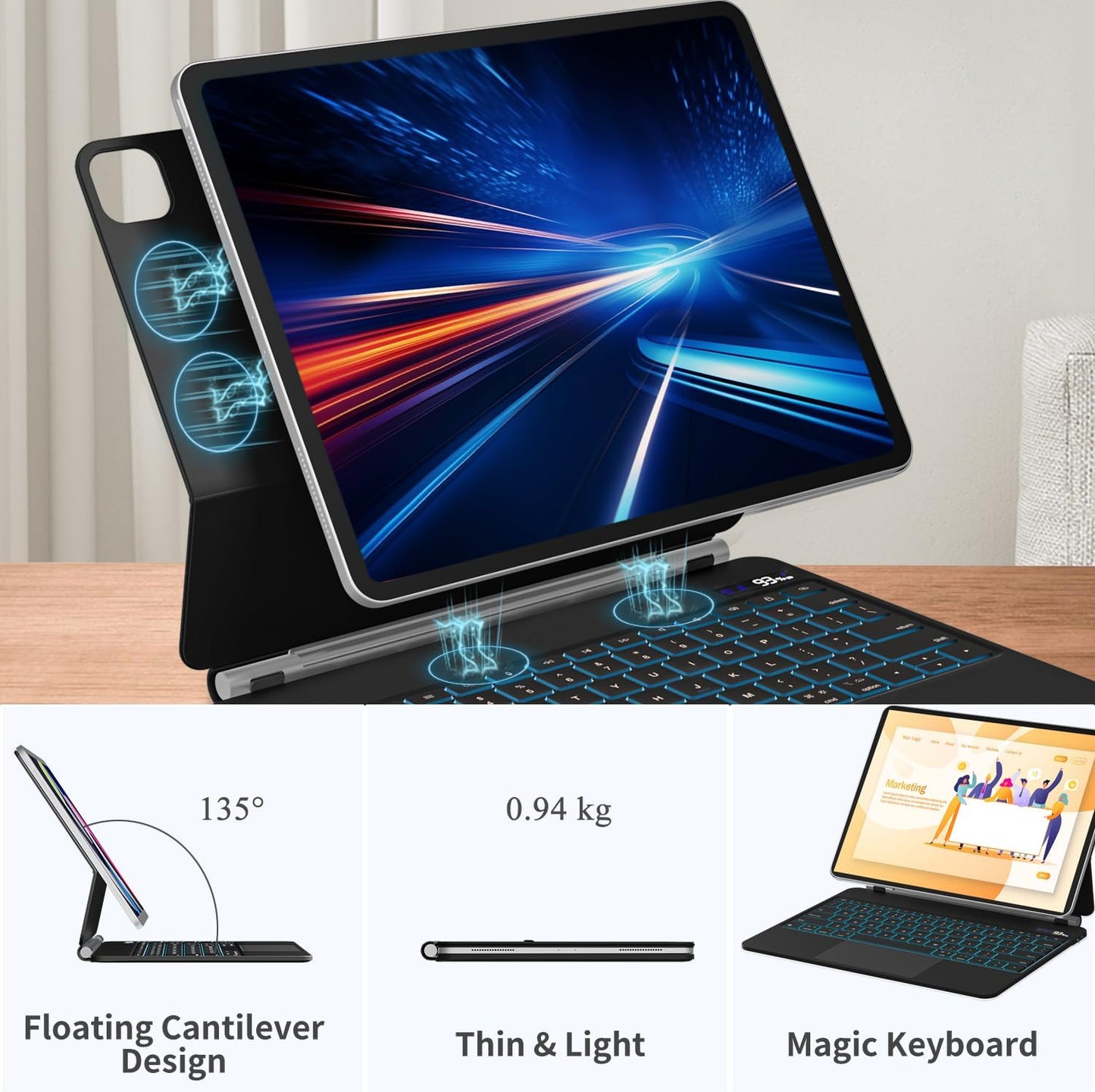 Emoonland Magic Keyboard Case for iPad Air 13 & iPad Pro 12.9 – Backlit, Trackpad, Floating Stand
