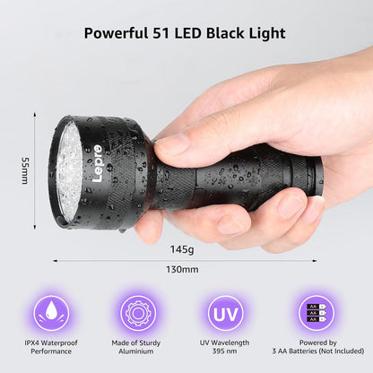 Lepro 51-LED UV Flashlight – Portable Blacklight for Pet Urine Detection