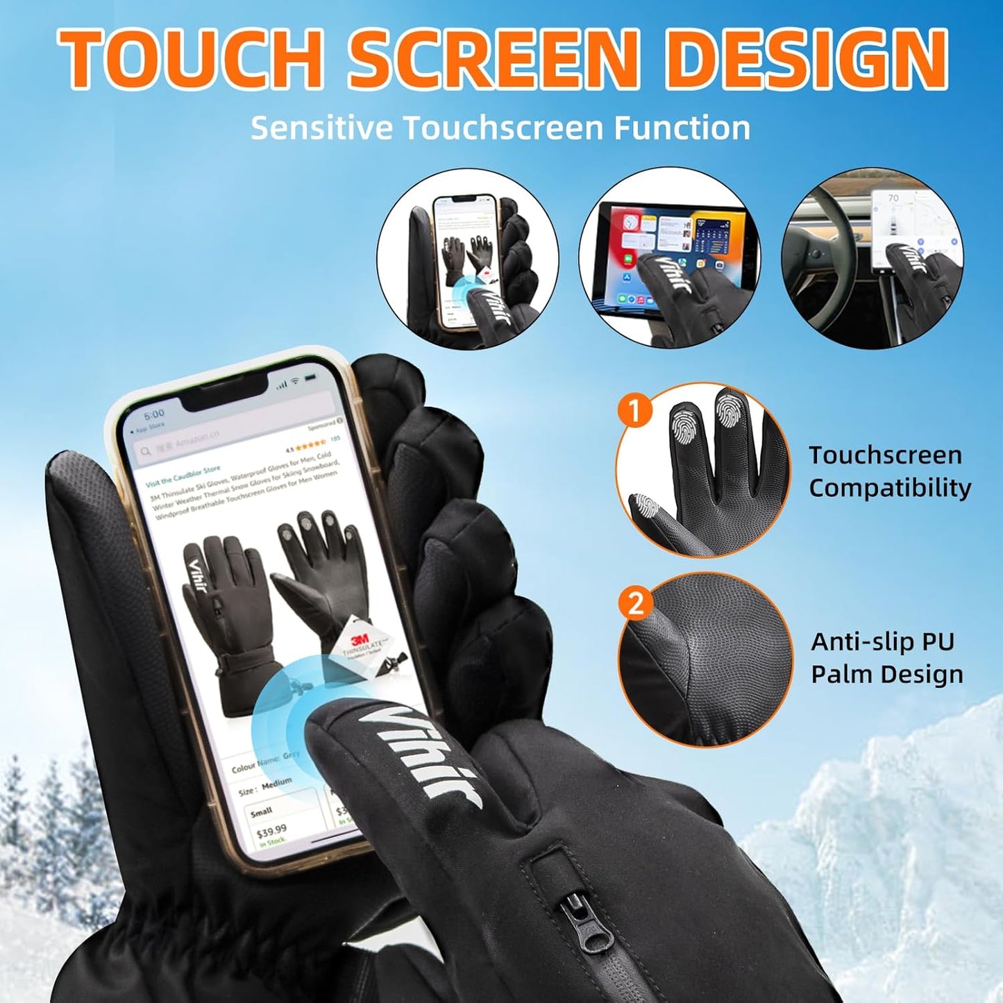 Men's 3M Thinsulate Waterproof Winter Ski Gloves with Touchscreen