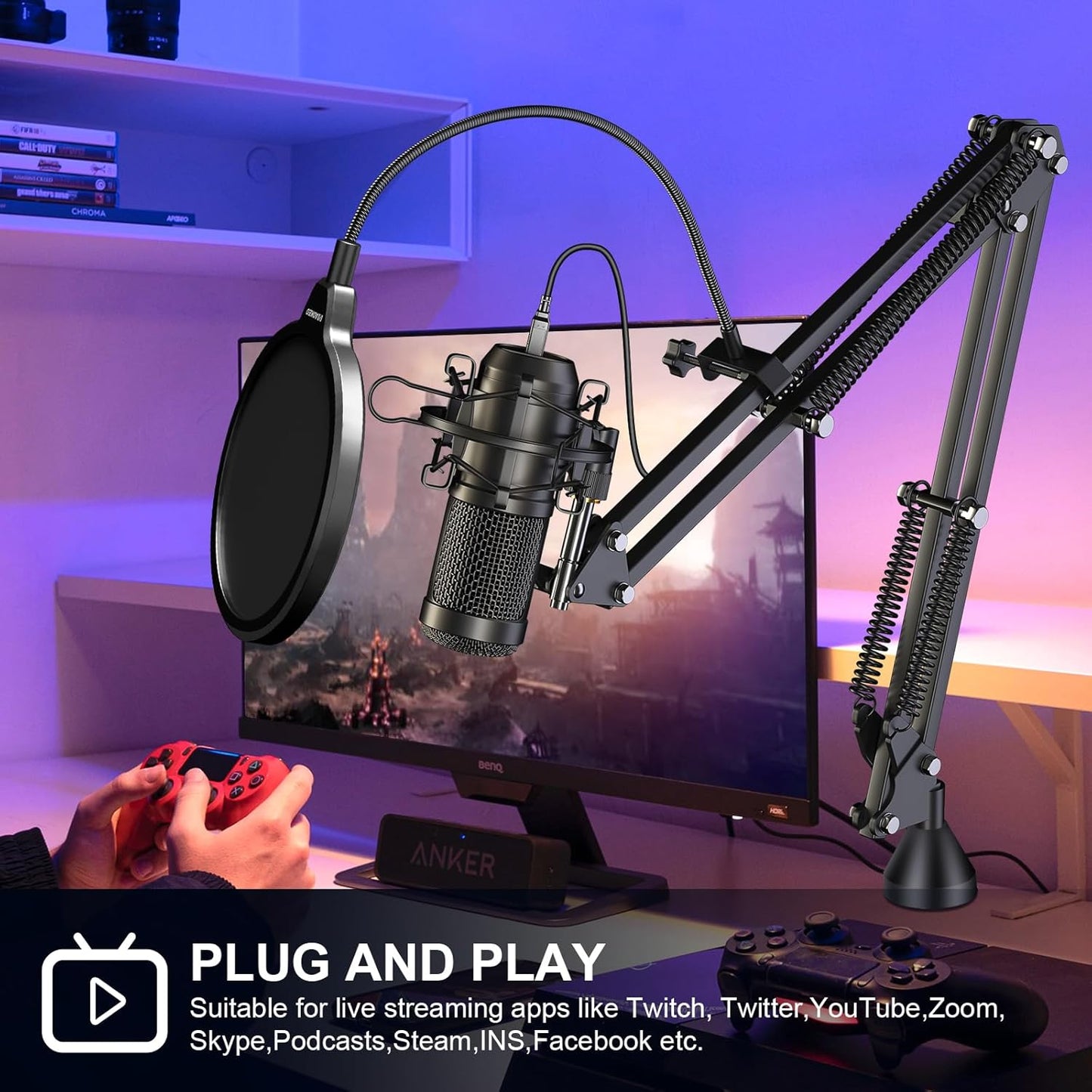 Aokeo AK-60 USB Condenser Microphone Kit – 192kHz/24bit Cardioid Mic with Boom Arm, Shock Mount & Pop Filter