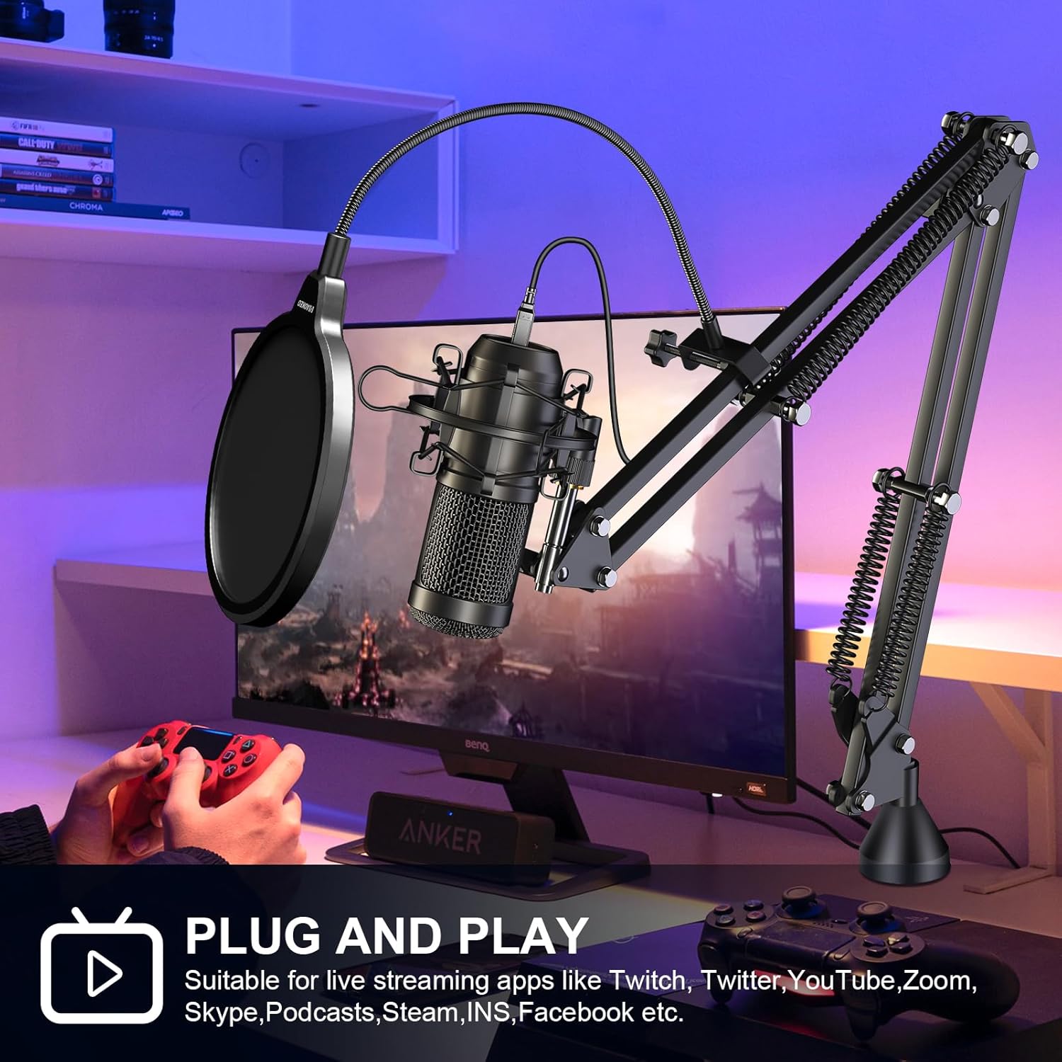Aokeo AK-60 USB Condenser Microphone Kit – 192kHz/24bit Cardioid Mic with Boom Arm, Shock Mount & Pop Filter
