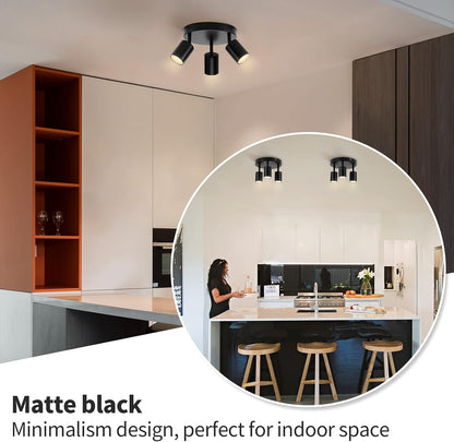 wowatt 3-Light Swivel GU10 Ceiling Spotlight Round Black Matt Metal Indoor Light Fixture