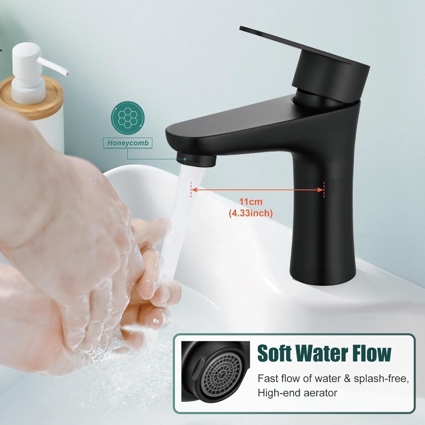 Heyalan Matte Black Single-Lever Bathroom Faucet with Pop‑Up Drain
