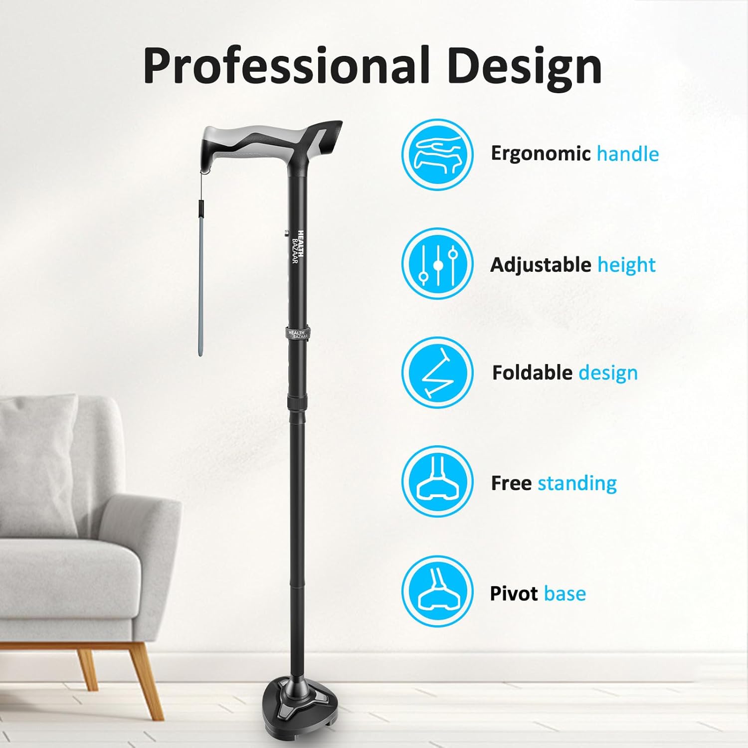 Adjustable Folding Walking Cane with Self-Standing Base for Seniors