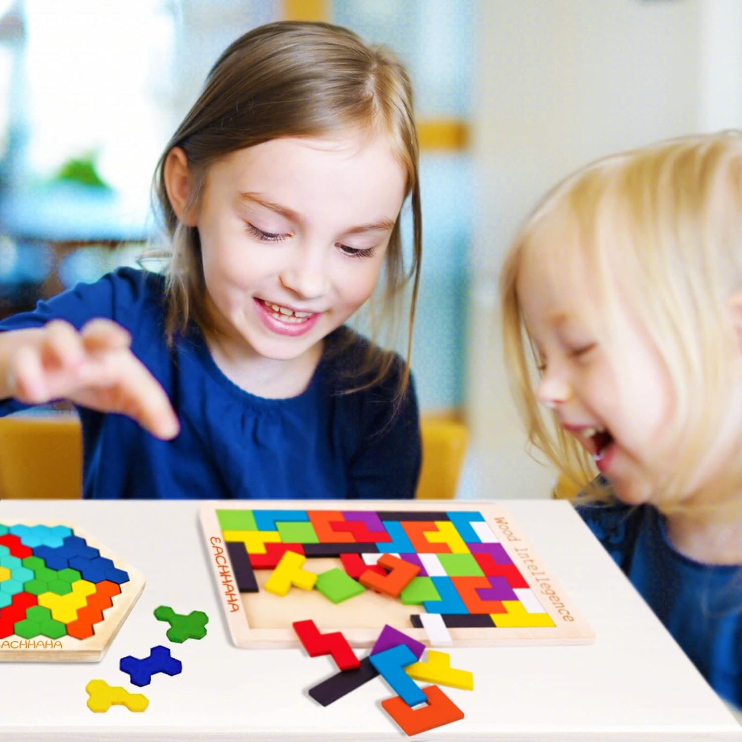 3-in-1 Wooden Tangram Puzzle Set, Bright Colors, 61 Pieces