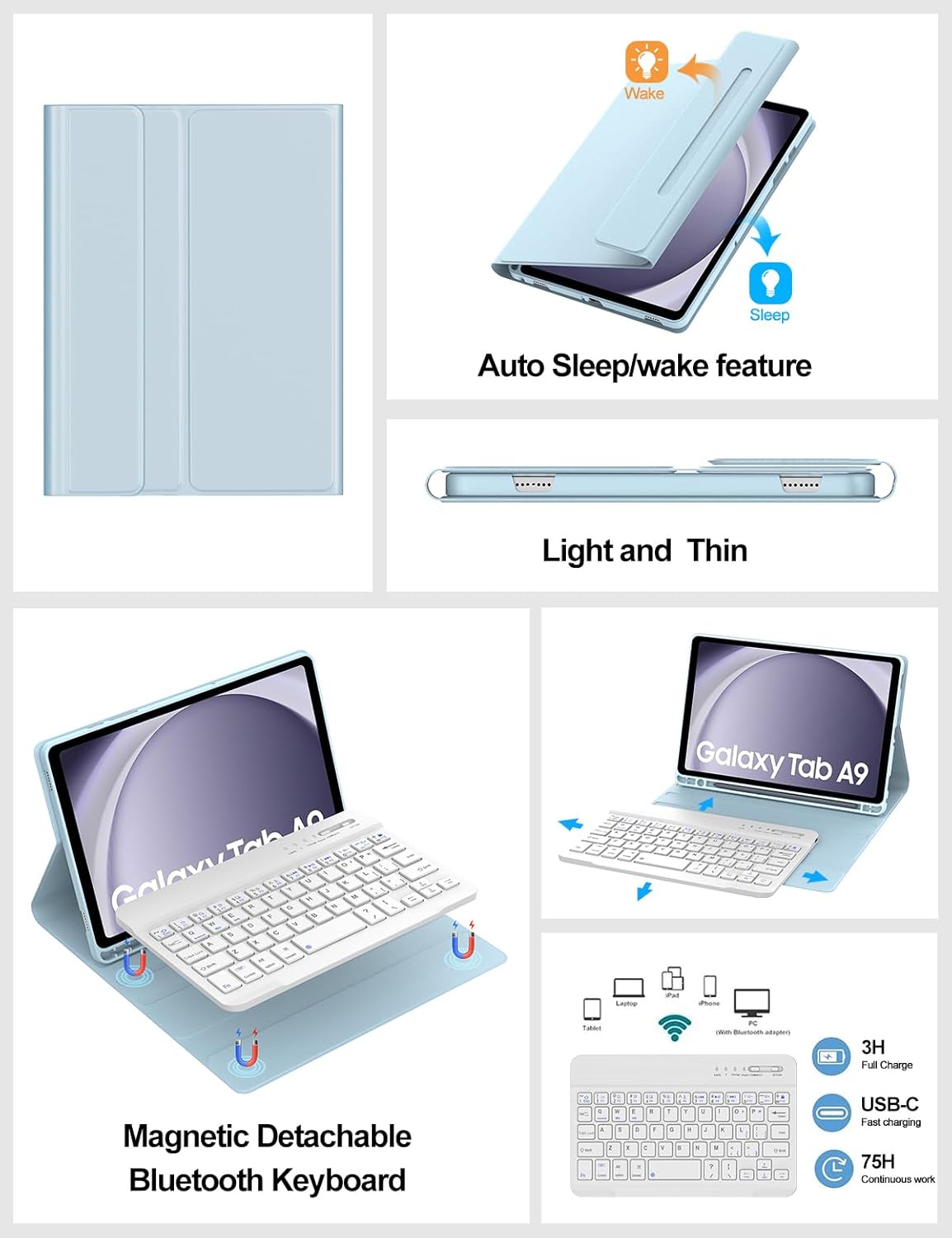 Blue Detachable Bluetooth Keyboard Case for Samsung Galaxy Tab A9