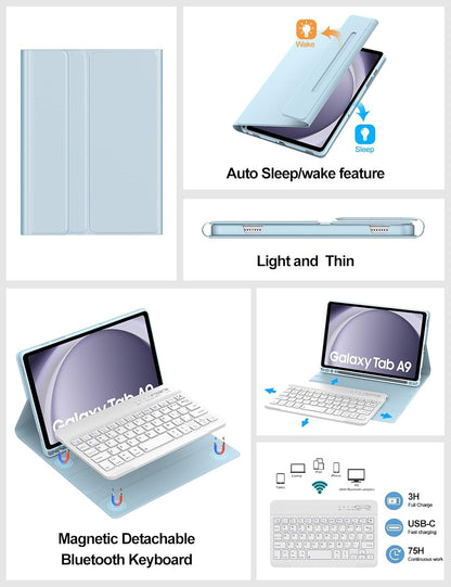 Blue Detachable Bluetooth Keyboard Case for Samsung Galaxy Tab A9