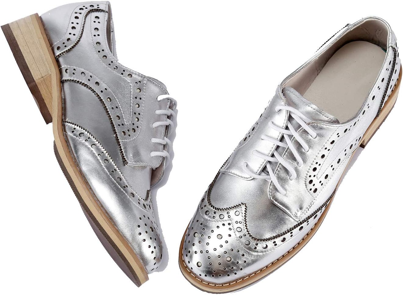U-lite Women's Perforated Lace-Up Wingtip Leather Flat Oxford Shoes