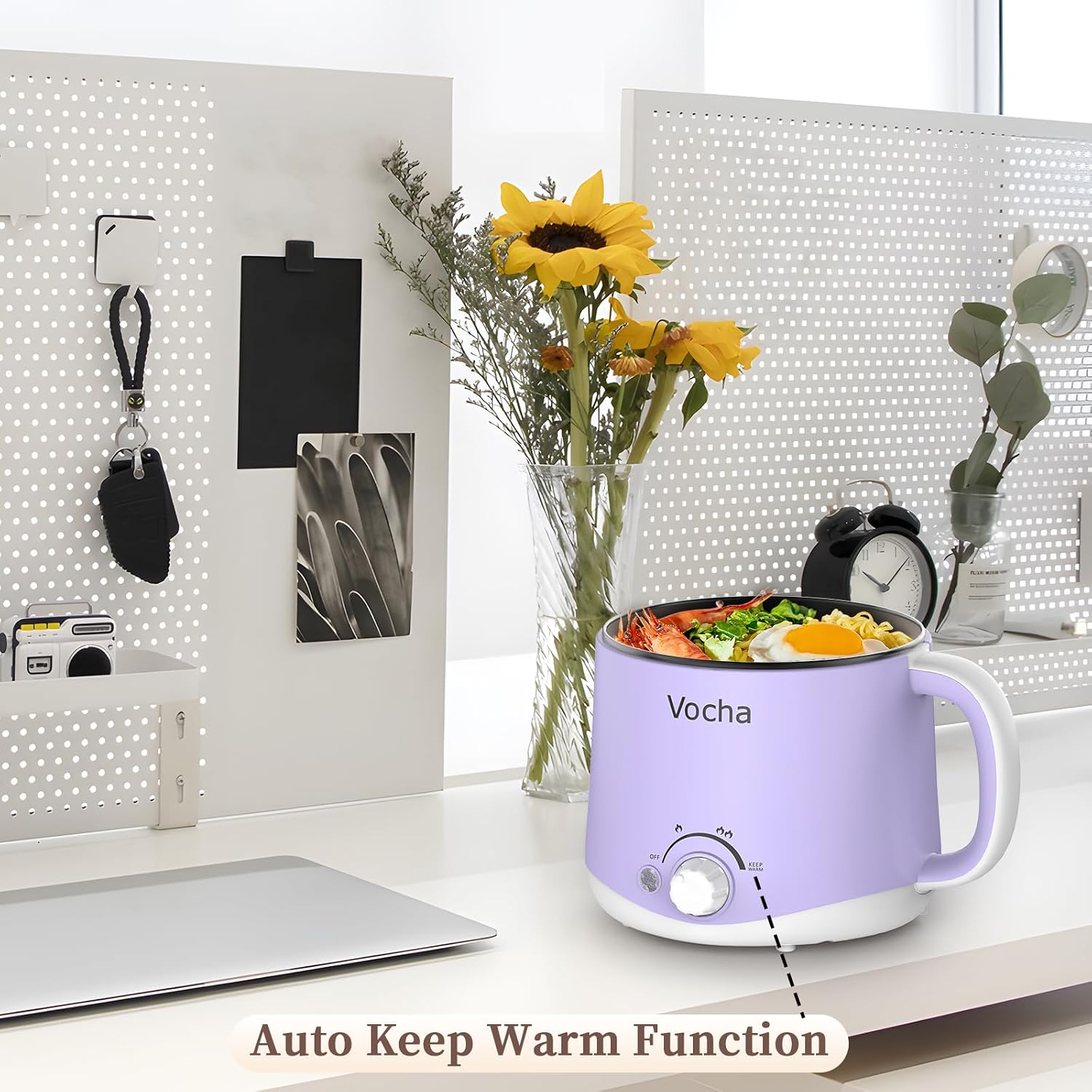 Vocha Electric Hot Pot 1.6L 600W Keep Warm Function Portable Travel Cooker Purple V016