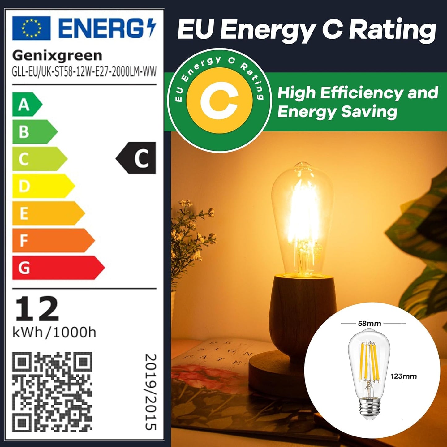 Genixgreen E27 LED ST58 Edison Bulbs: 12W Retro Style Globe Filament Warm White