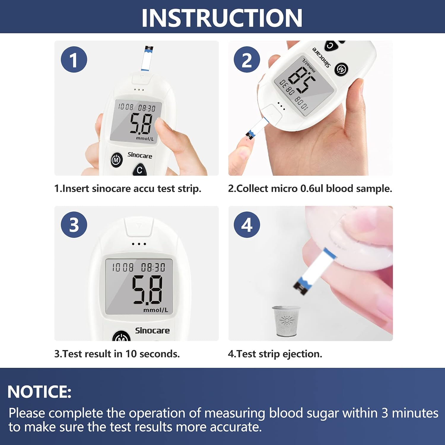 Sinocare Safe Accu Blood Glucose Monitor Kit with 50 Strips