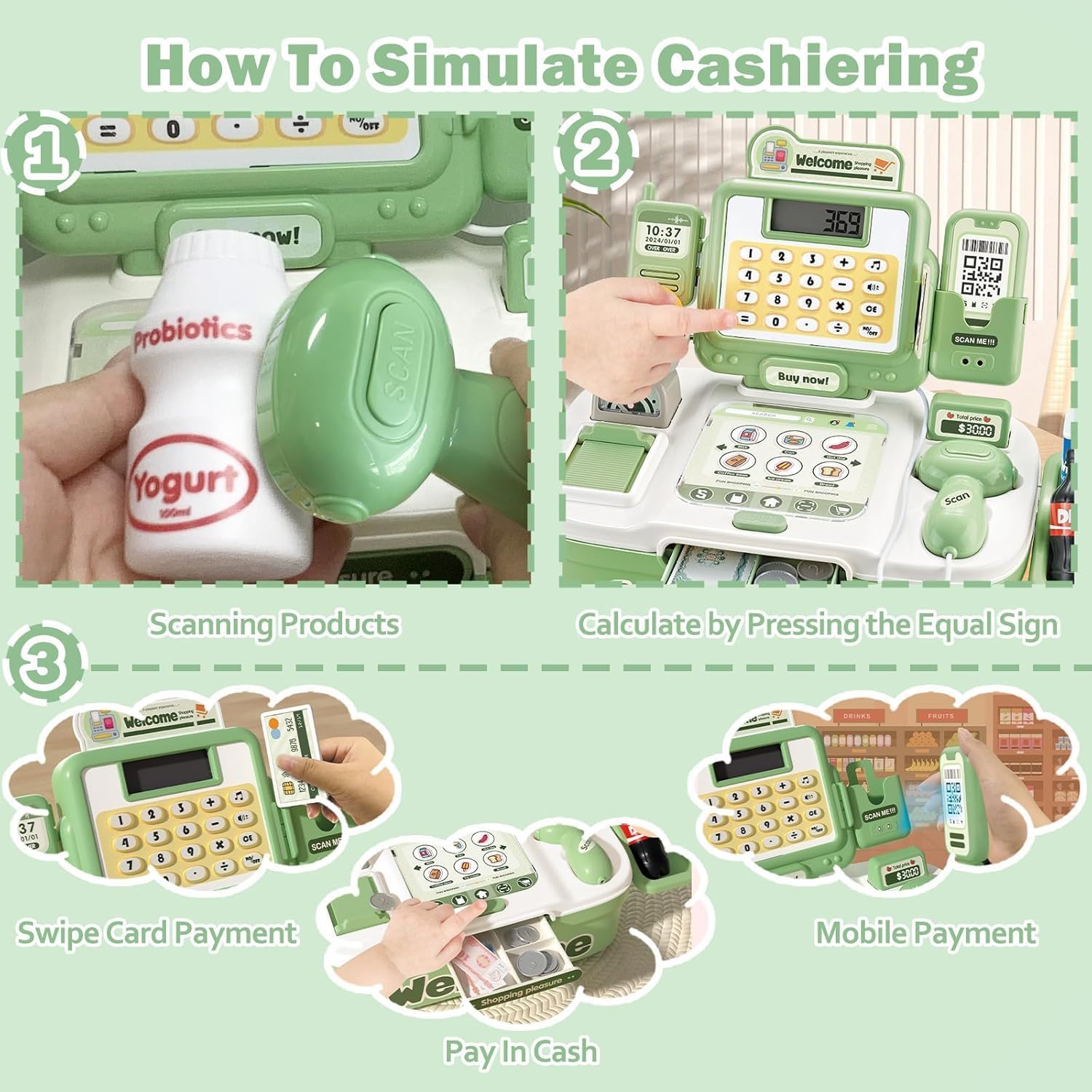 AquaFalcon Kids Pretend Cash Register Playset with Scanner and Money