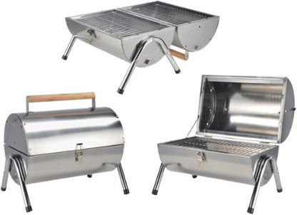 Stainless Steel Portable BBQ Barrel Grill – Compact Camping & Beach Grill