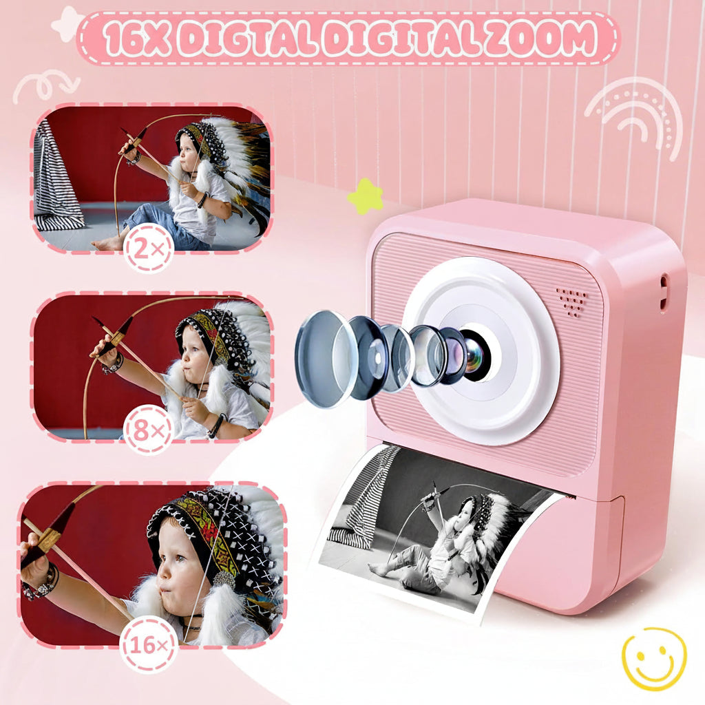 Korffe P7 Children's Instant Camera with 3 Rolls Printing Paper 32GB Card 2.4 Inch Screen 6 Coloured Pens