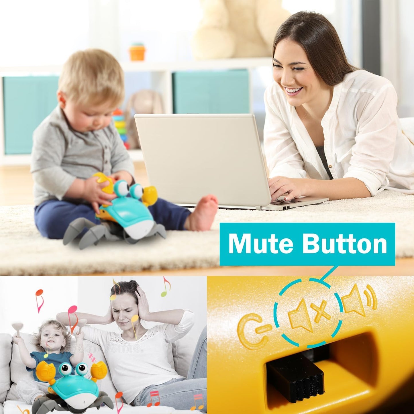 Interactive Green Crawling Crab Toy with Music and Mute Button