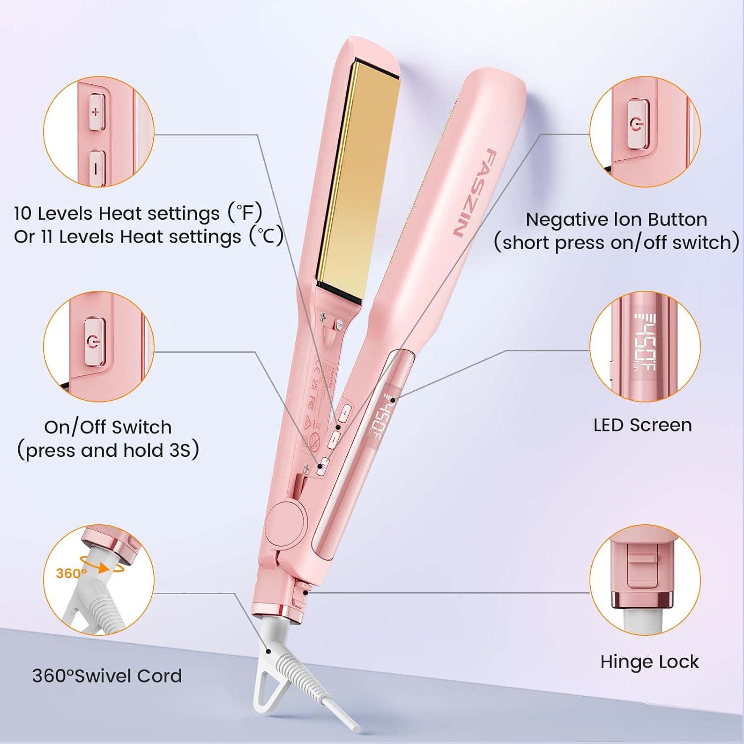 Faszin Professional 1.65" Wide-Plate Titanium Hair Straightener Pink