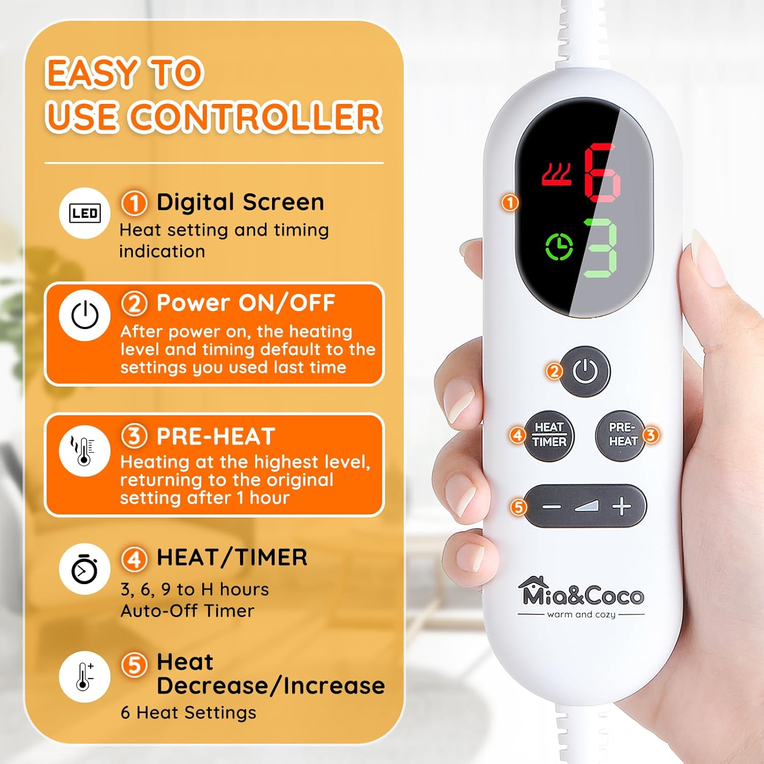 Mia&Coco XL Electric Heating Pad 60x100cm with 6 Heat Levels