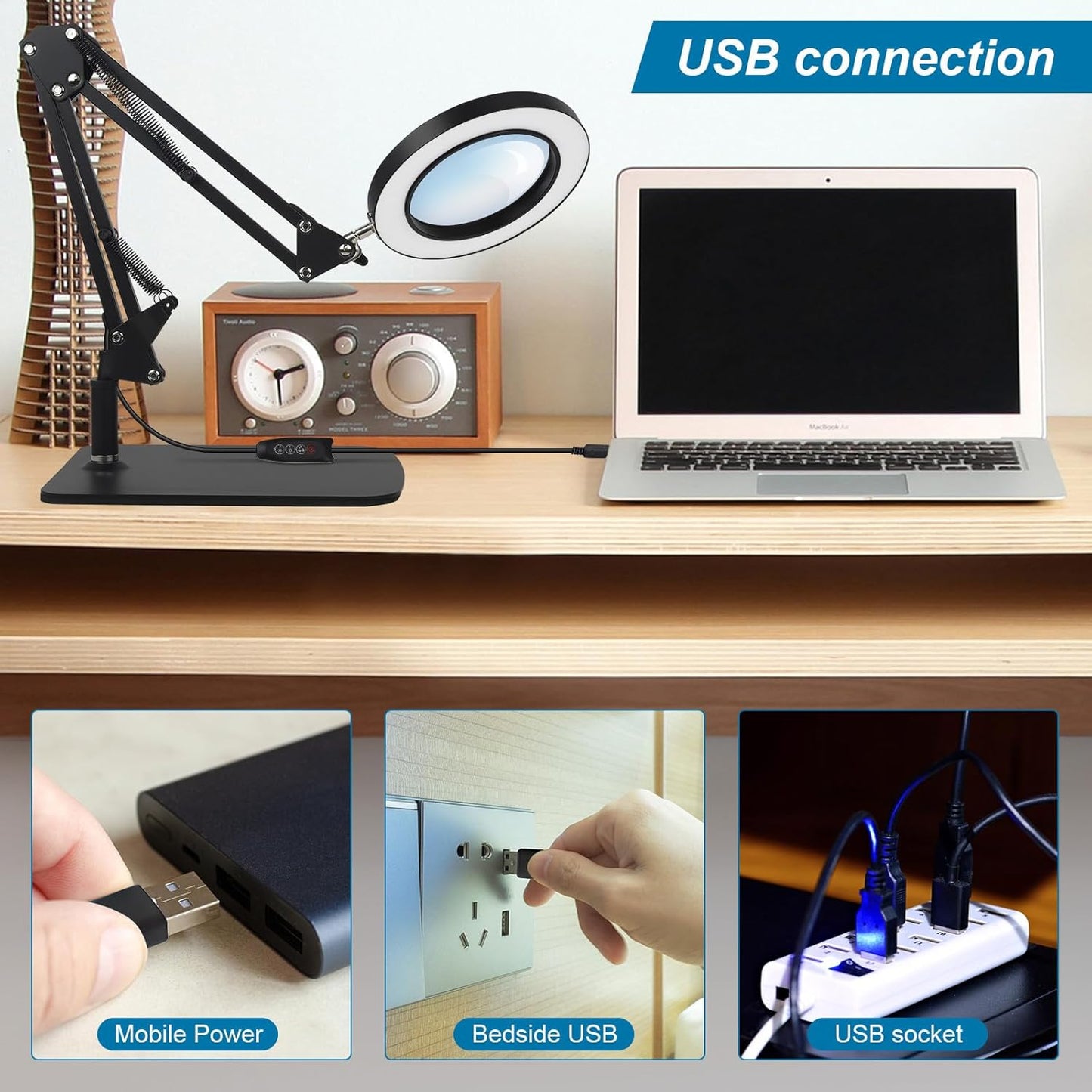 2-in-1 LED Magnifier Desk Lamp with Clamp, Adjustable Light, 2.25X Magnification