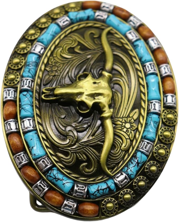 Men's Western Gold Belt Buckle with Bull Horns