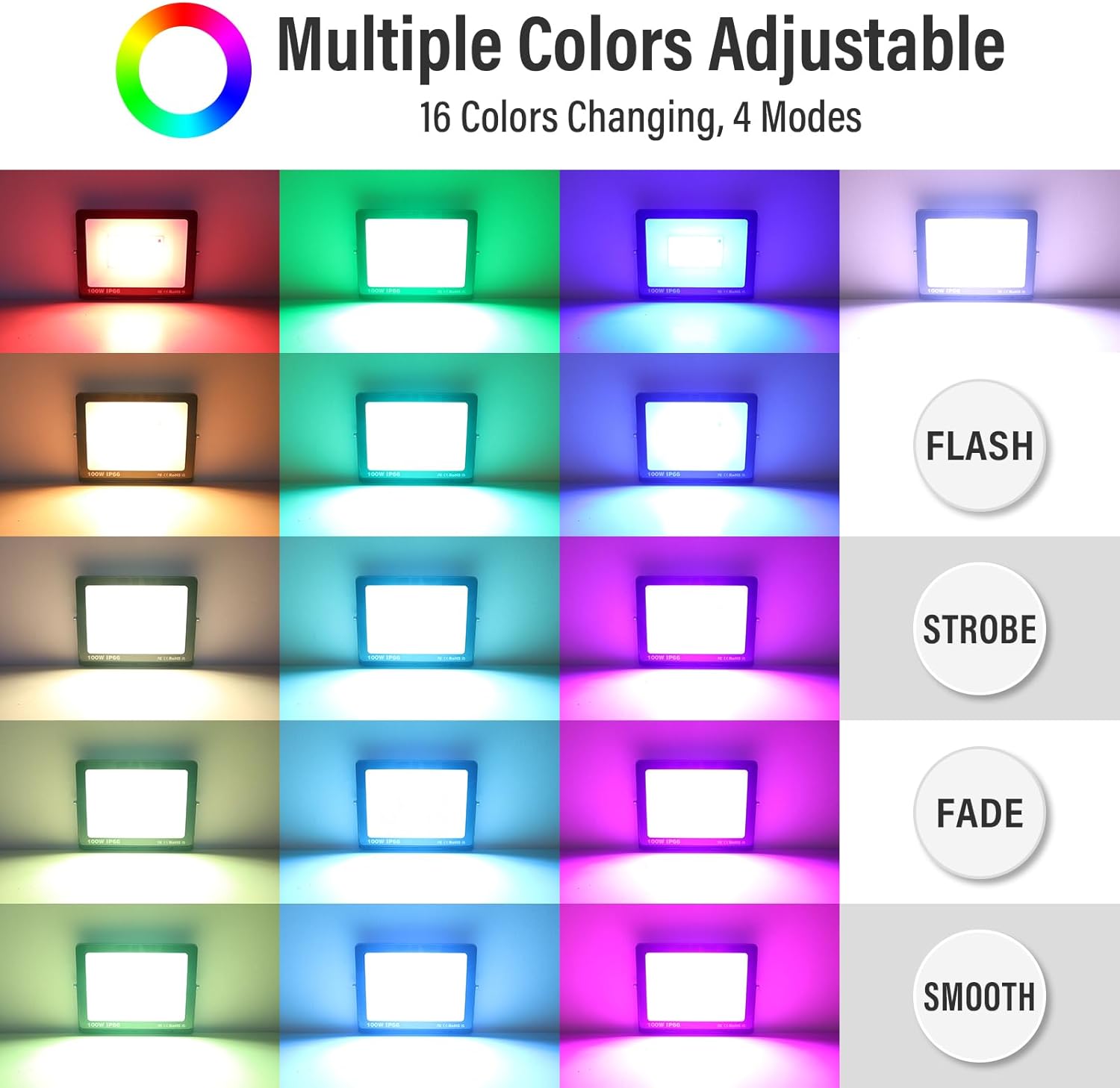 PICAA Outdoor Security LED Floodlight 100W RGB Color Changing with Remote Control IP66 Waterproof Dimmable Wall Light