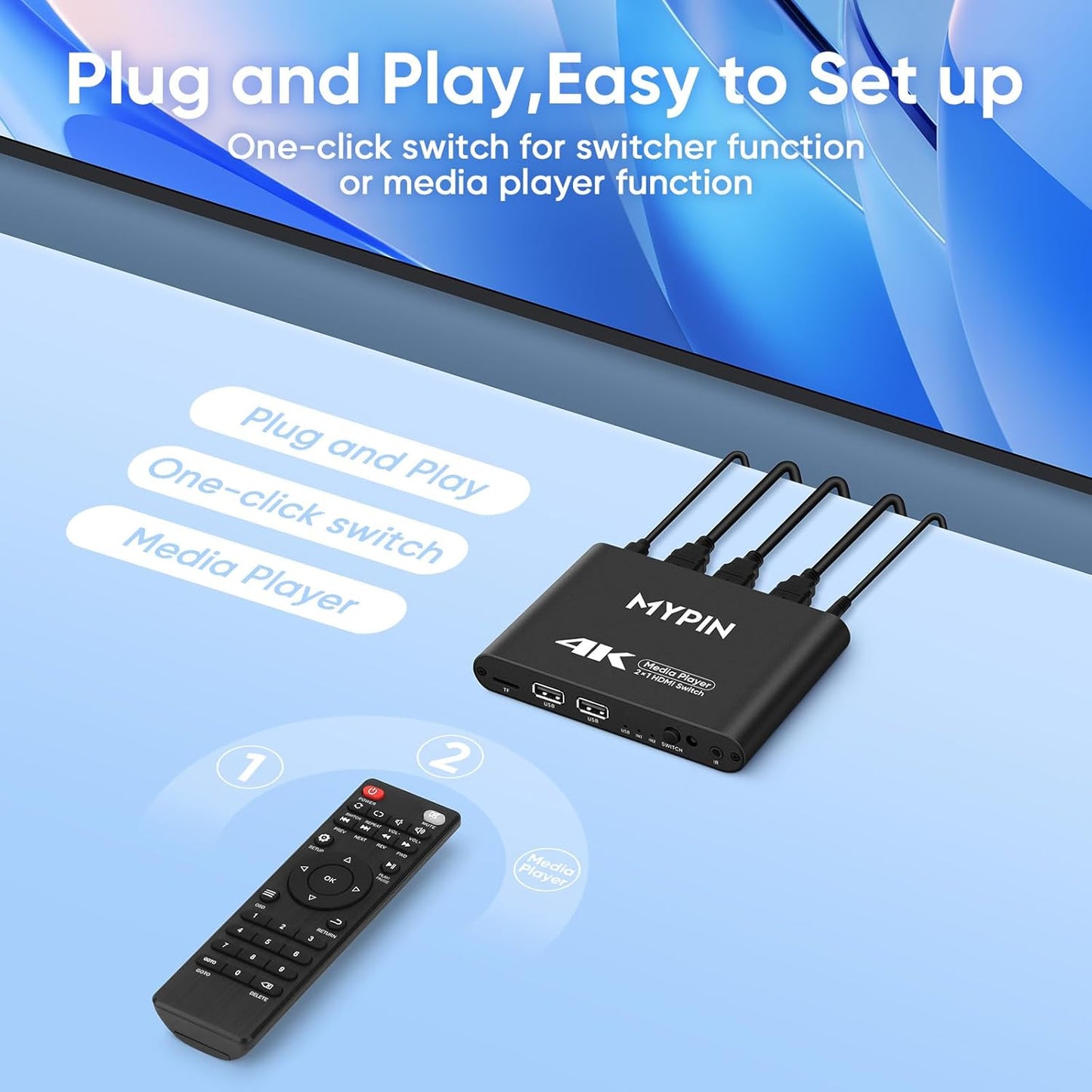 4K Media Player with Dual HDMI Switch and Remote