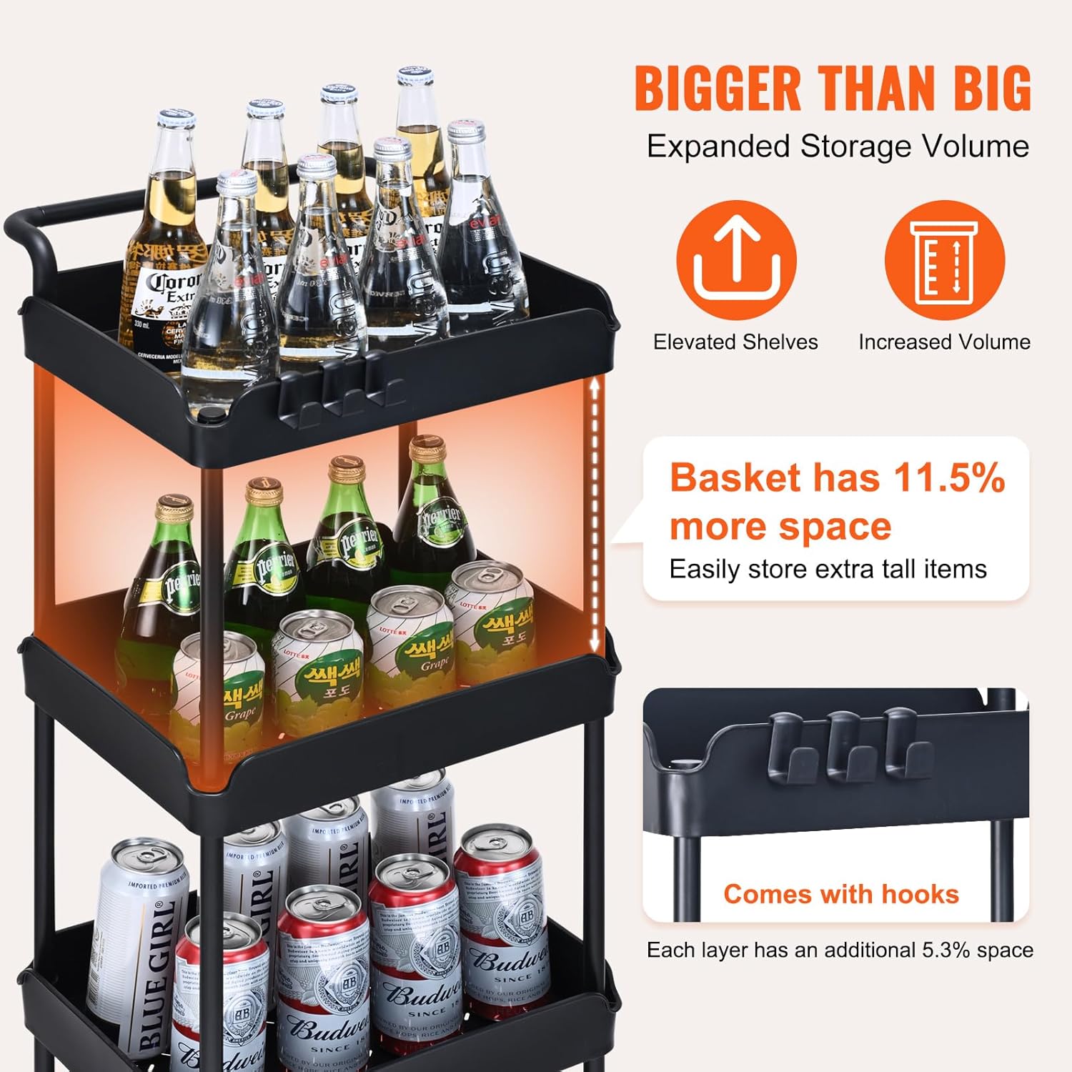 VEVOR 4-Tier Rolling Utility Cart with Lockable Wheels – Black