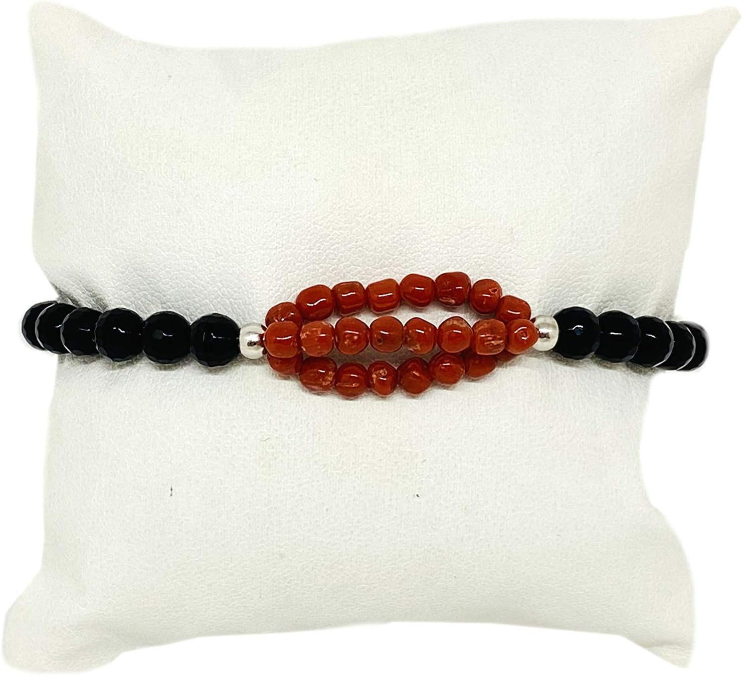 Handcrafted Mediterranean Red Coral Black Onyx Bracelet with Silver Closure