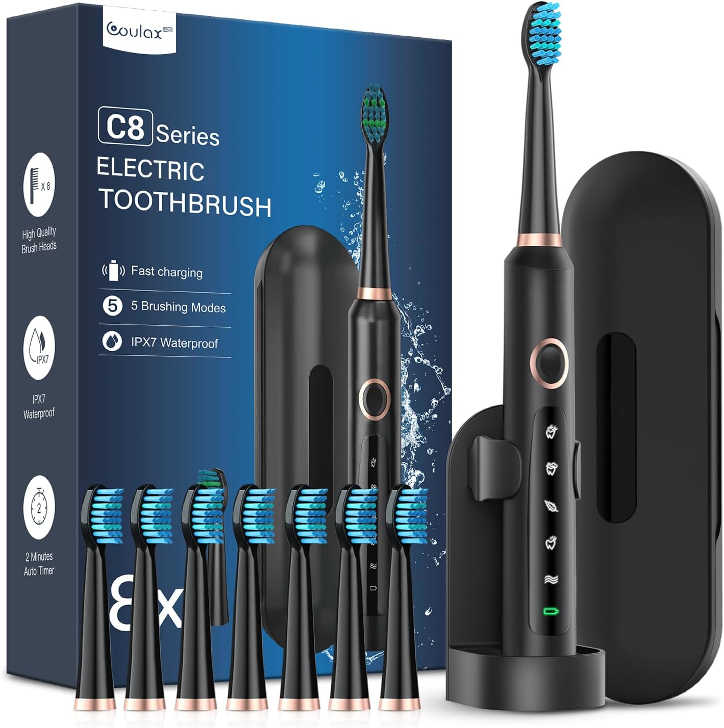 Coulax Pro Sonic Electric Toothbrush with 8 Heads, 5 Modes, 120-Day Battery