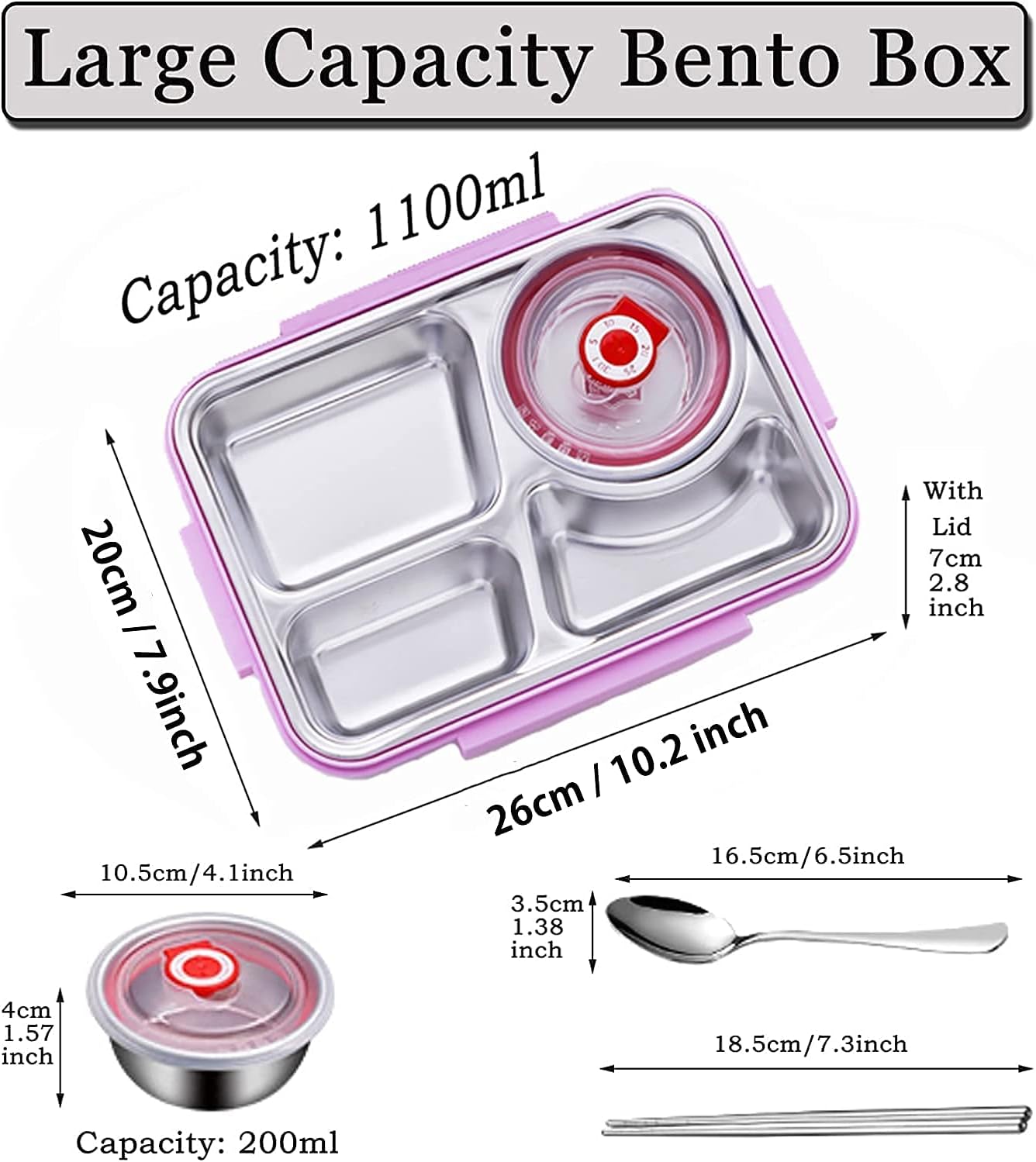 Unicorn Kids Bento Lunch Box with Tableware, 4-Compartment Insulated Stainless Steel