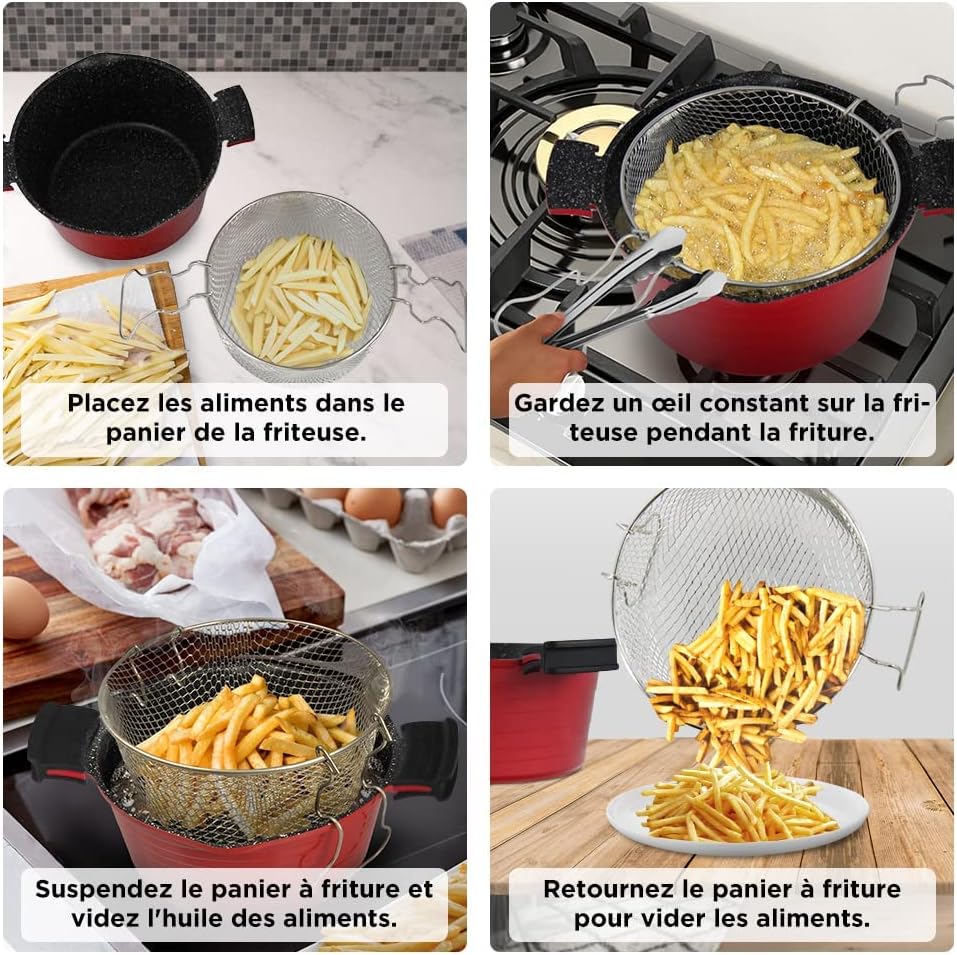 24cm Friteuse pour Frites avec Panier Faitout Induction en Aluminium avec Couvercle Verre Tous Feux