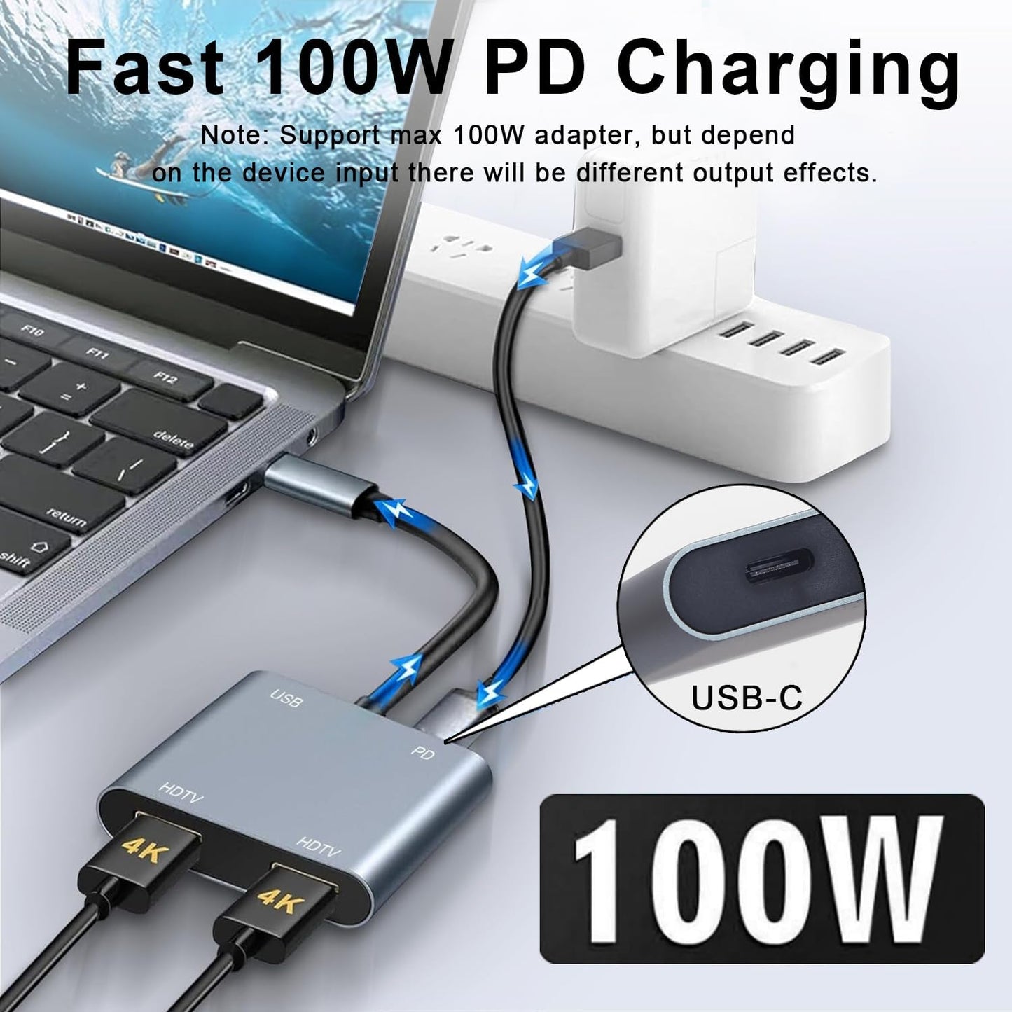 Luonanava USB-C auf Dual HDMI Adapter 4K@60Hz 4-in-1 Hub mit 100W PD und USB 3.0 Grau