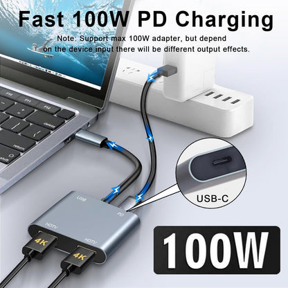 Luonanava USB-C auf Dual HDMI Adapter 4K@60Hz 4-in-1 Hub mit 100W PD und USB 3.0 Grau