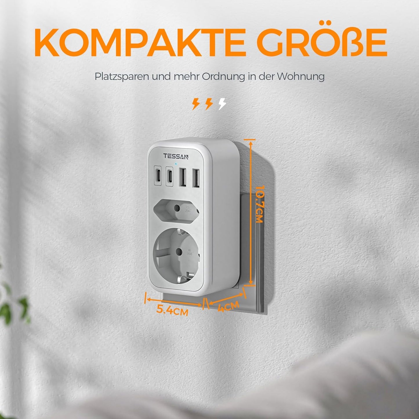 TESSAN 6-in-1 Double Plug Power Adapter with USB-C Grey