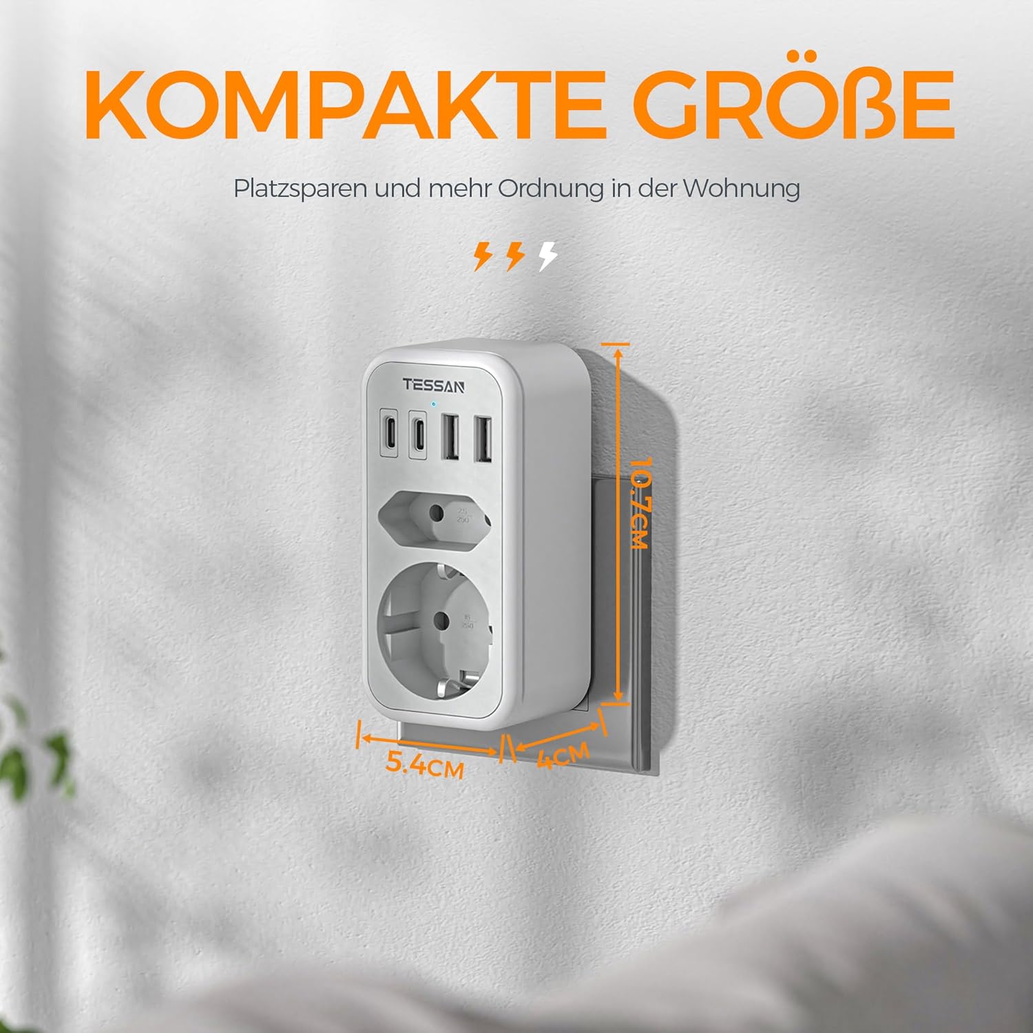 TESSAN 6-in-1 Double Plug Power Adapter with USB-C Grey