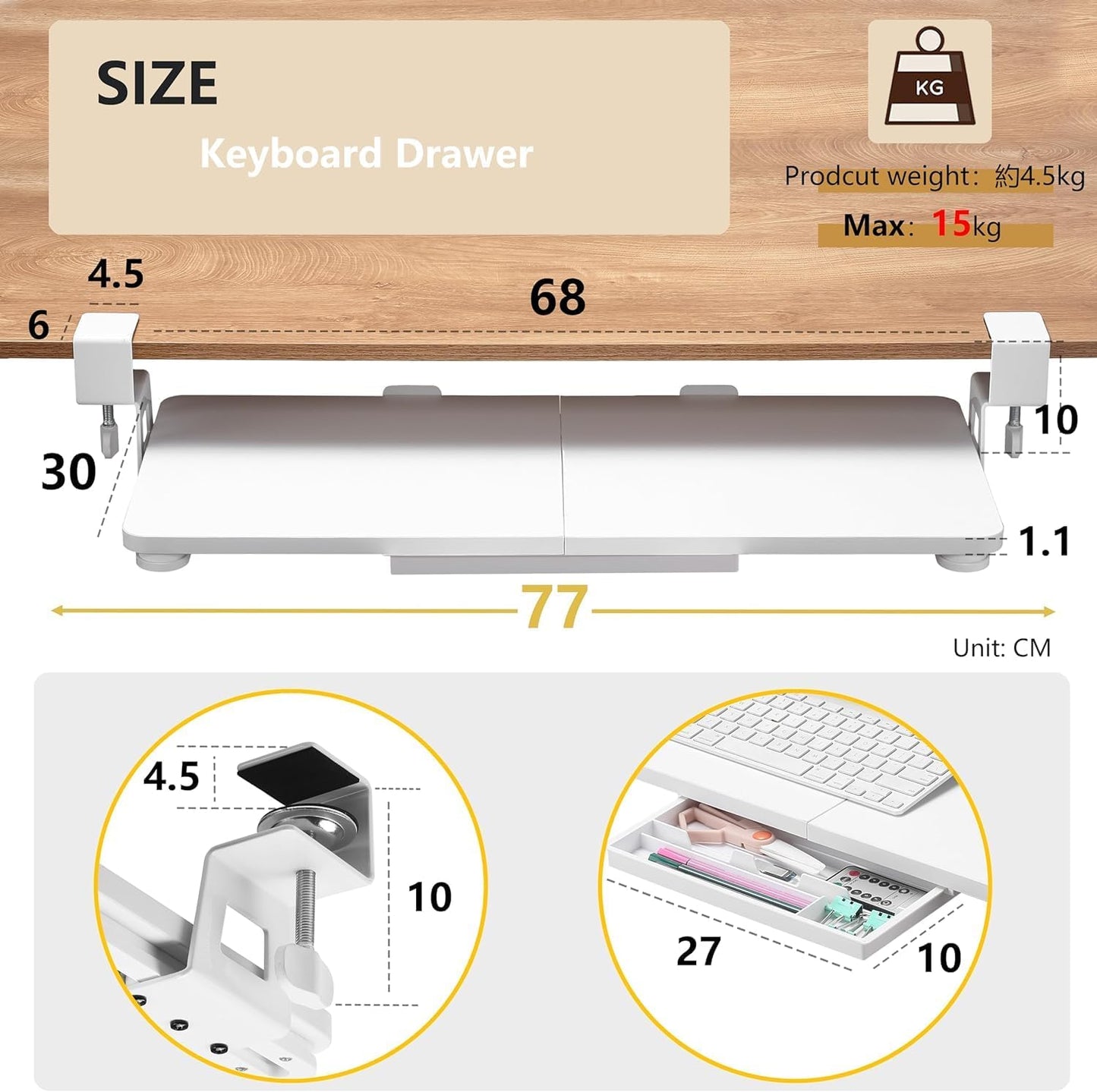 ETHU White Under Desk Keyboard Tray with Storage Drawers
