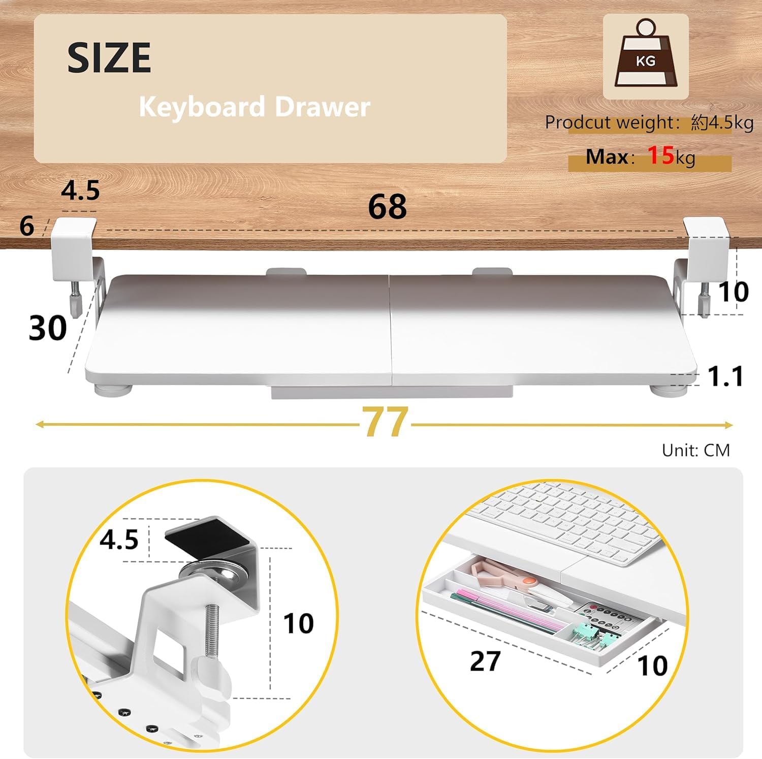 ETHU White Under Desk Keyboard Tray with Storage Drawers